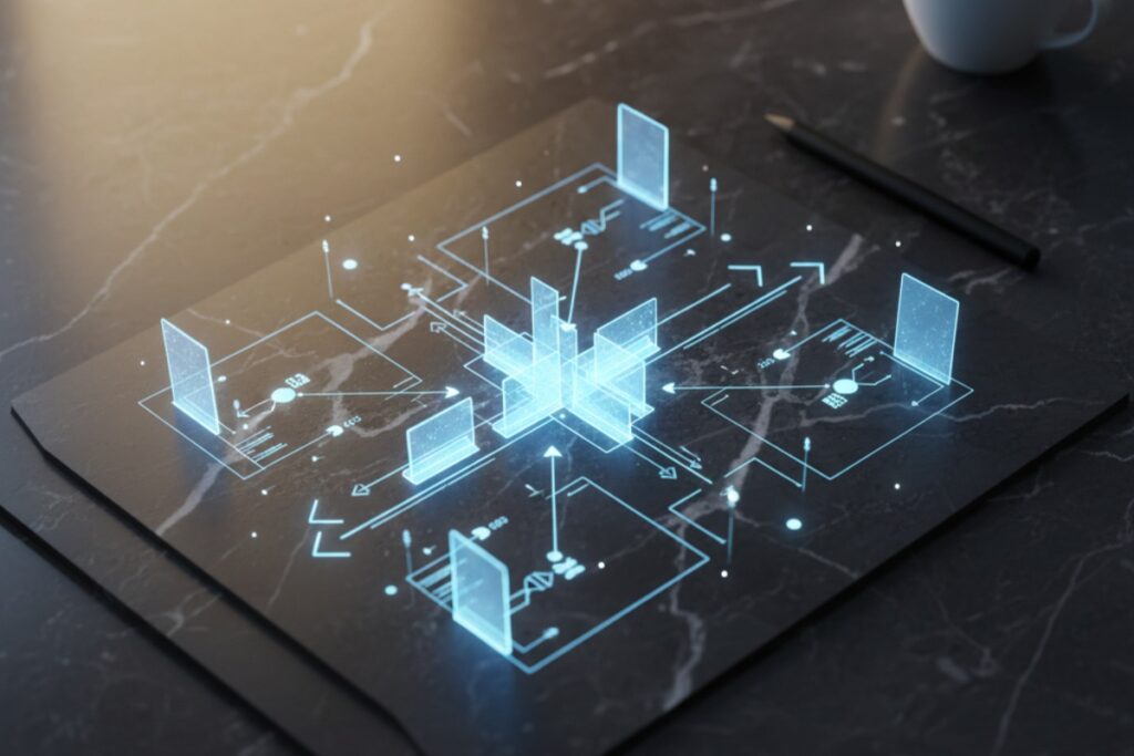 Holographic display of a business model or strategic diagram on a black marble desk with connection nodes.