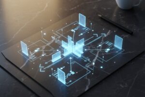 Holographic display of a business model or strategic diagram on a black marble desk with connection nodes.