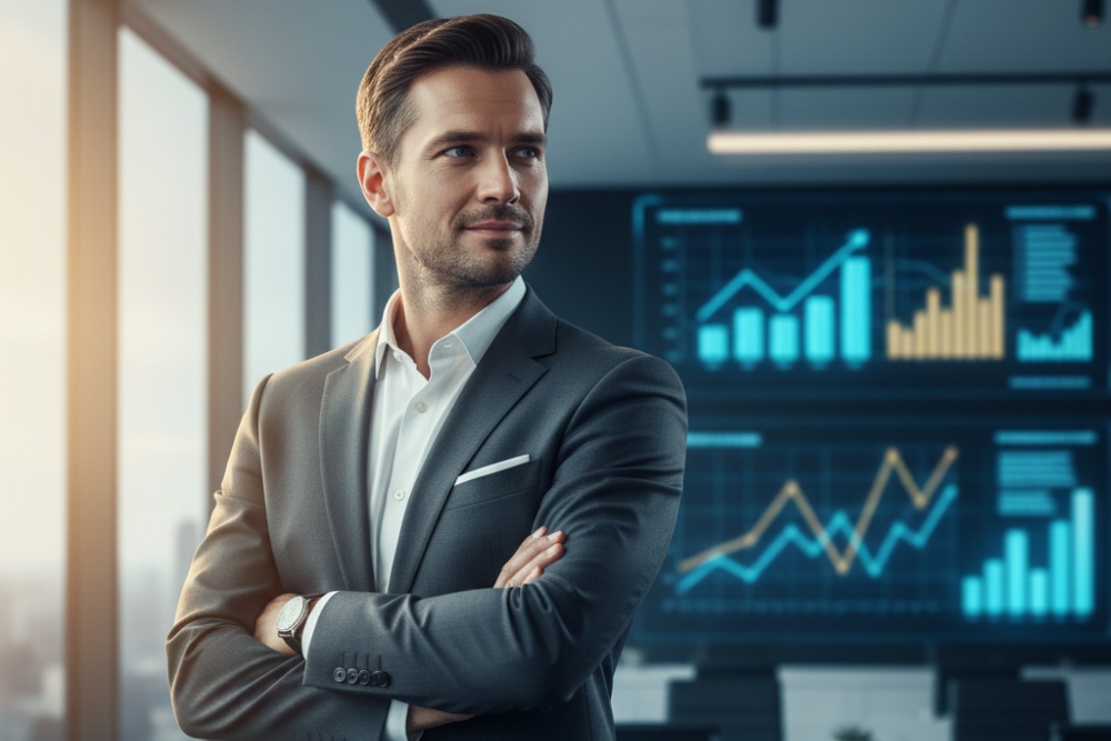 A confident, well-dressed business consultant in a suit standing in a modern office with his arms crossed