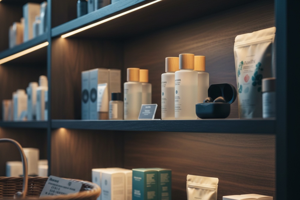 Display shelf with skincare and wellness products including bottles, boxes, and pouches, arranged neatly with soft lighting.