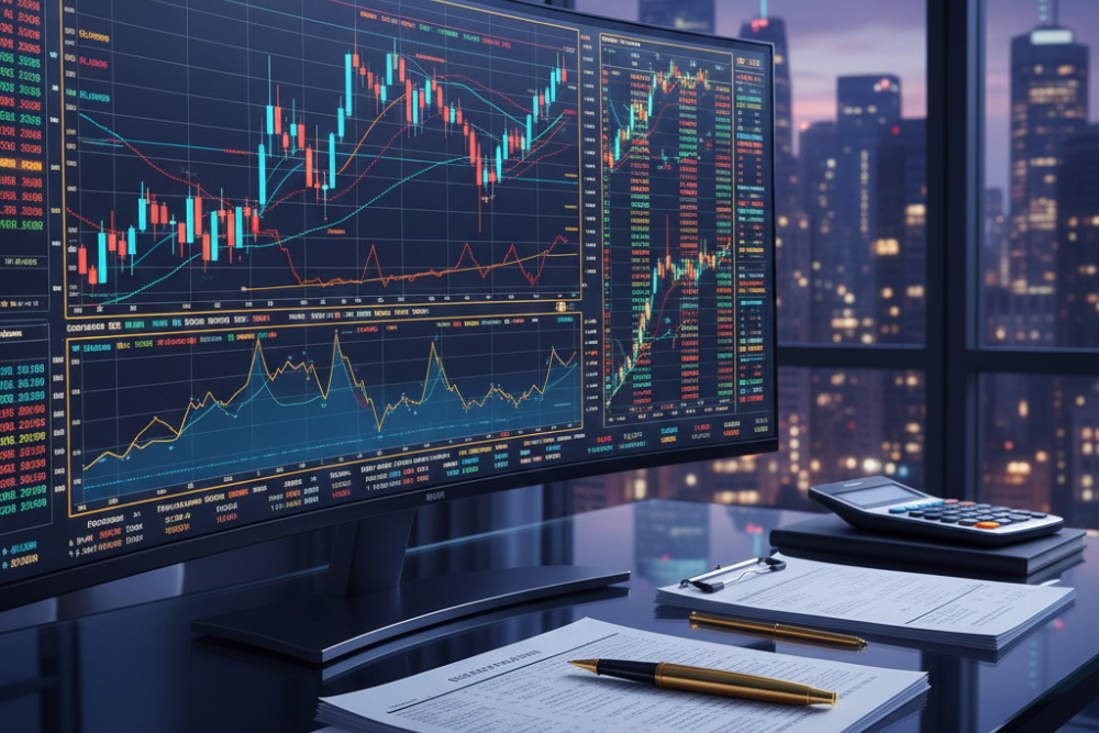 A desktop monitor displaying complex financial charts