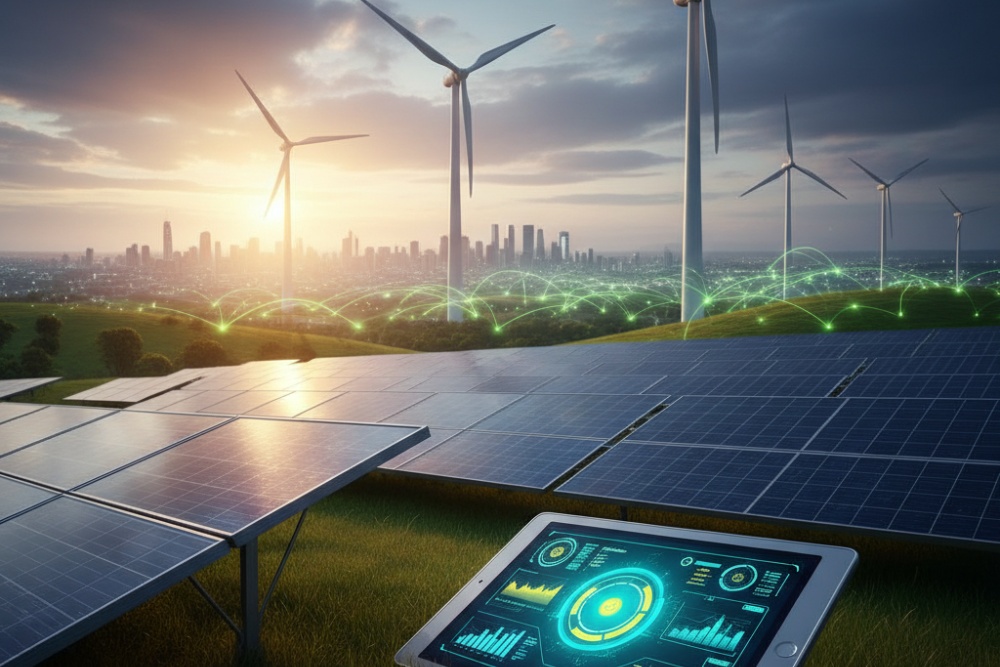 A renewable energy landscape featuring rows of solar panels