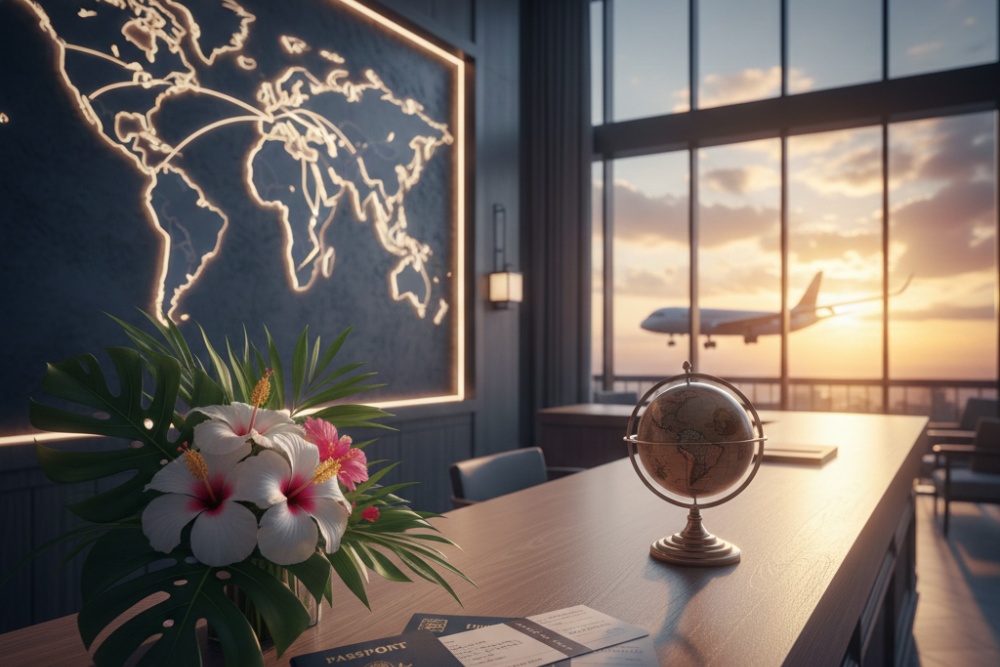 A luxurious travel business office interior at sunset, featuring a glowing world map, a desk with a small globe, a bouquet of hibiscus flowers, passports, and a view of an airplane landing outside a large window.