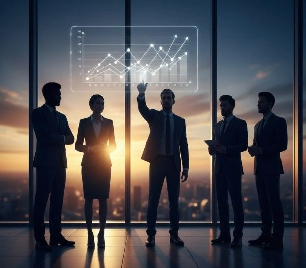 A group of business professionals in silhouettes looking at a digital data graph in a high-rise office at sunset, next to text describing Compastrat business consulting.