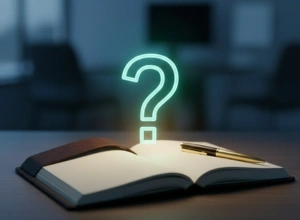 A glowing cyan question mark hovering over an open notebook and golden pen on a desk in a darkened office.