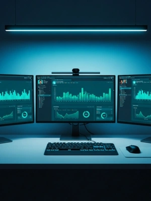 A multi-monitor setup displaying detailed digital marketing analytics and performance graphs.