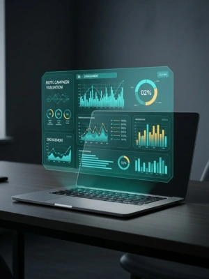 Digital marketing campaign statistics displayed on a transparent holographic screen above a laptop.