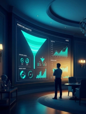 Person analyzing marketing analytics data displayed on a large screen with charts and graphs.