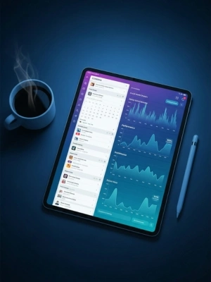 A digital tablet displaying an analytics dashboard with graphs and a calendar, alongside a cup of coffee and a pen.