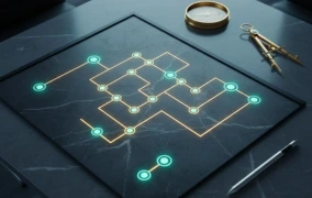 A digital maze with glowing nodes and connecting lines.