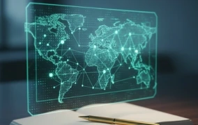 A group of business professionals in silhouettes looking at a digital data graph in a high-rise office at sunset.