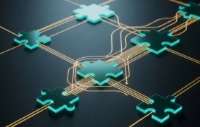 Silhouettes of four business professionals in a modern office looking at a glowing digital interface with a rising bar graph.