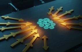 Multiple glowing golden arrows on a table pointing toward a central cluster of glowing cyan circular icons.