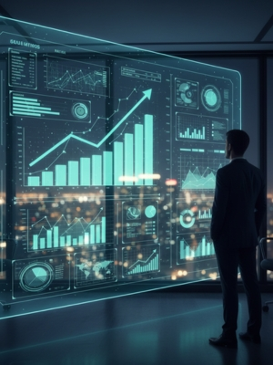 Silhouettes of business professionals in a high-rise office at sunset, with one person pointing to a glowing digital interface showing a data graph.