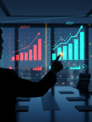 Business professional analyzing data comparison between before and after