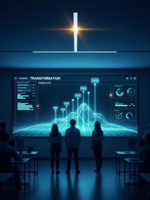 Professionals looking at digital transformation dashboard